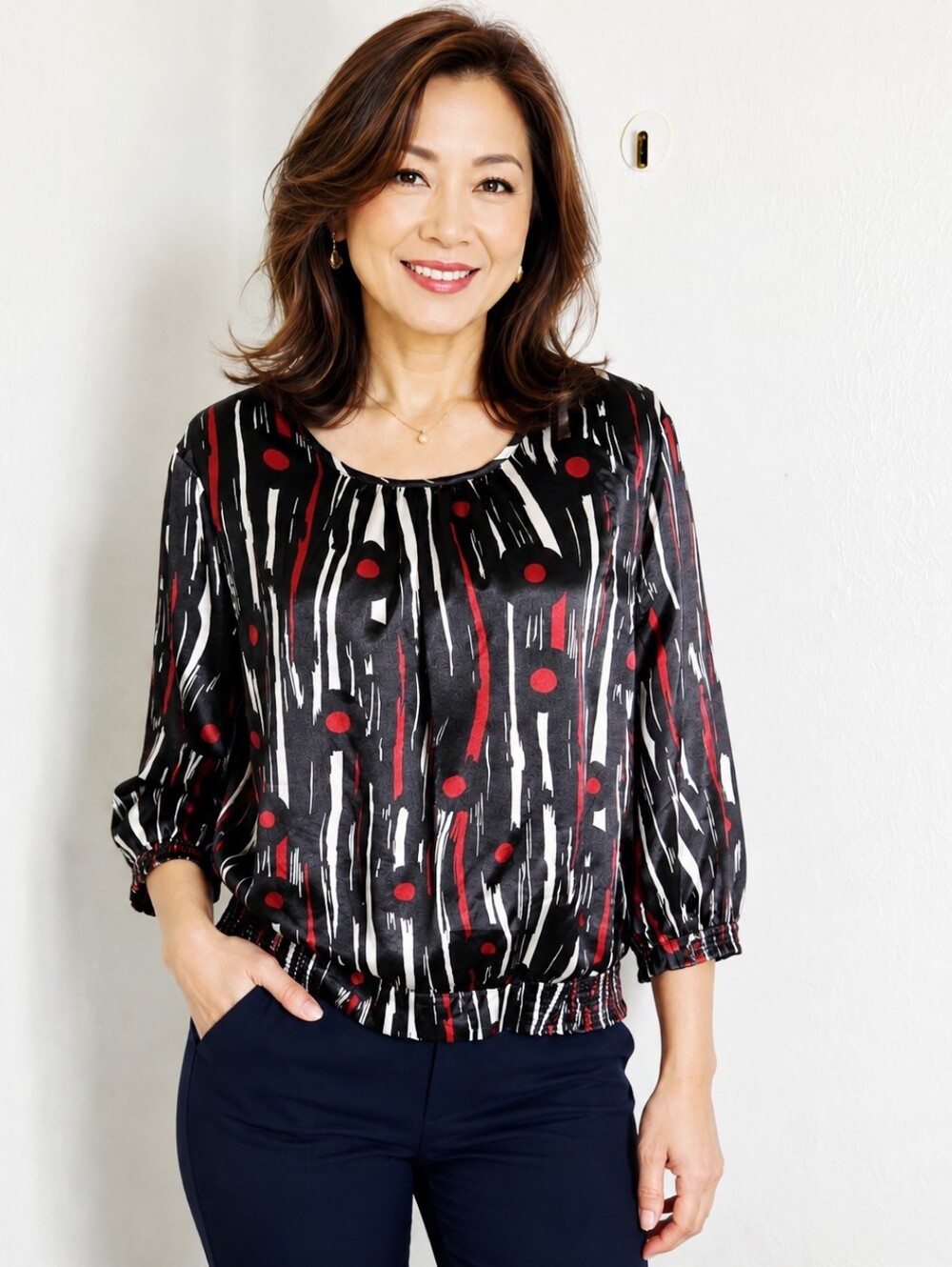 Covington Navy Blue Blouse with Red & White Abstract Print, Size Large